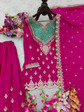 Designer Chinon Silk Sharara Suit And Dupatta Set With Embroidery Siqunce Work