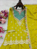 Designer Chinon Silk Sharara Suit And Dupatta Set With Embroidery Siqunce Work
