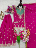 Designer Chinon Silk Sharara Suit And Dupatta Set With Embroidery Siqunce Work
