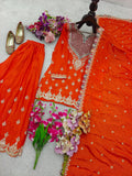 Designer Chinon Silk Sharara Suit And Dupatta Set With Embroidery Siqunce Work