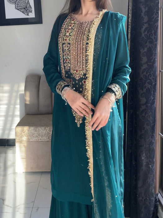 Designer Party Wear Fox Georgette Top Pallazo And Dupatta Set