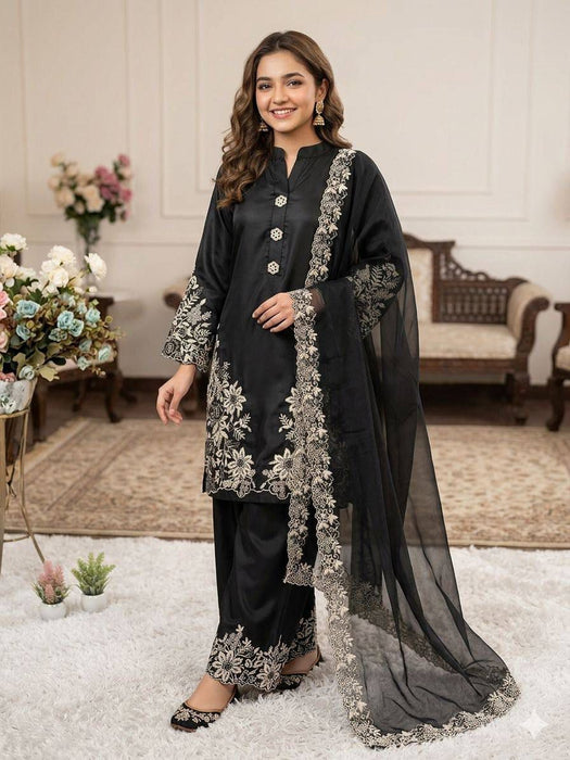 PAKISTANI SUIT WITH EMBROIDERED WORK TOP PLAZZO AND DUPATTA