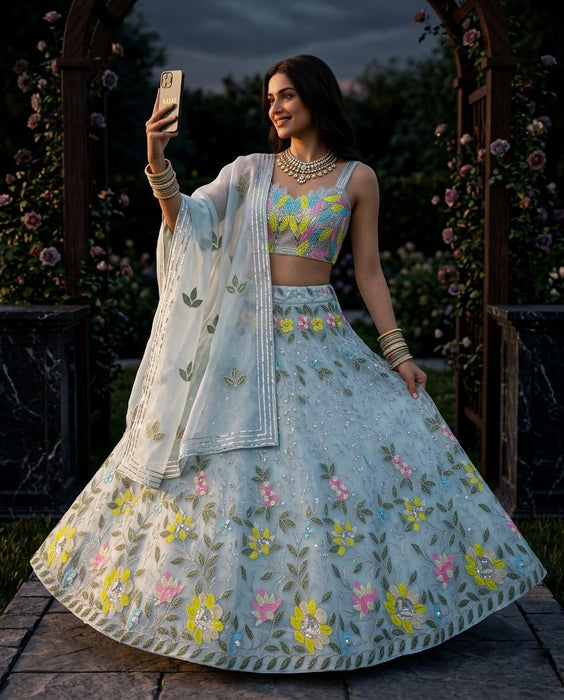 Sky-blue Organza Silk with Embroidery Sequins Work Beautiful Lehenga Choli