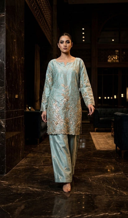 Premium Chinon Silk Fabric with Elegant Embroidery Sequins Work Fully Stitched Salwar Kameez