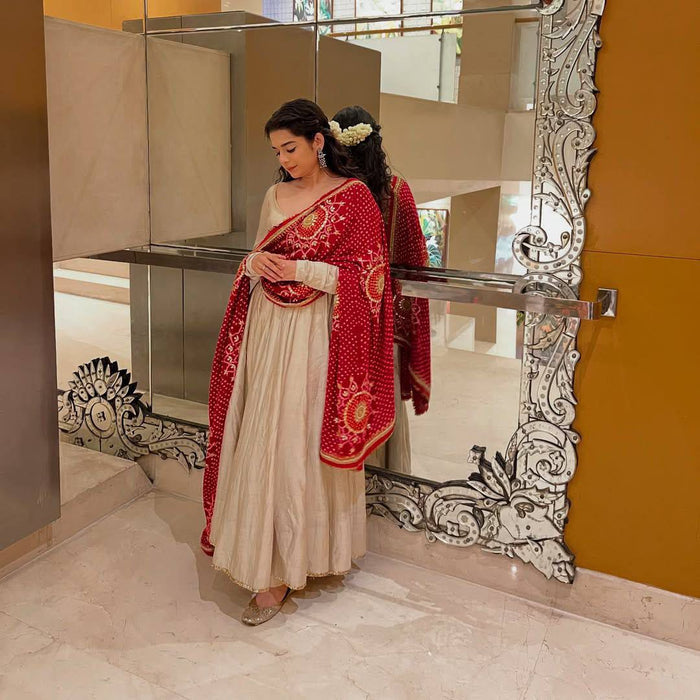 DESIGNER AND ELEGANCE GOWN IN THREE PIECE WITH PRINTED BANDHNI DUPATTA