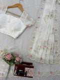 Designer Havy Chiffon White Saree With Thread Work