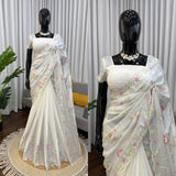 Designer Havy Chiffon White Saree With Thread Work