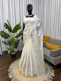 Designer Havy Chiffon White Saree With Thread Work