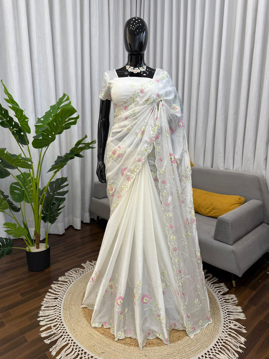 Designer Havy Chiffon White Saree With Thread Work