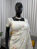 Designer Havy Chiffon White Saree With Thread Work