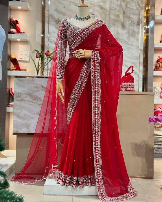 Designer Tibby Silk Sequnce And Pearl Work Stunning Saree With Dupatta