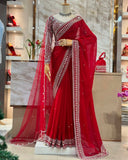 Designer Tibby Silk Sequnce And Pearl Work Stunning Saree With Dupatta