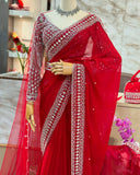 Designer Tibby Silk Sequnce And Pearl Work Stunning Saree With Dupatta