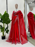Designer Tibby Silk Sequnce And Pearl Work Stunning Saree With Dupatta