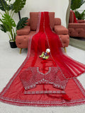 Designer Tibby Silk Sequnce And Pearl Work Stunning Saree With Dupatta