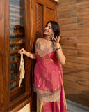 Designer Heavy Fandy Silk Top Plazzo And Dupatta Set With Sequence And Embroidery Work