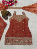 Designer Heavy Fandy Silk Top Plazzo And Dupatta Set With Sequence And Embroidery Work