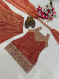 Designer Heavy Fandy Silk Top Plazzo And Dupatta Set With Sequence And Embroidery Work