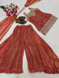 Designer Heavy Fandy Silk Top Plazzo And Dupatta Set With Sequence And Embroidery Work