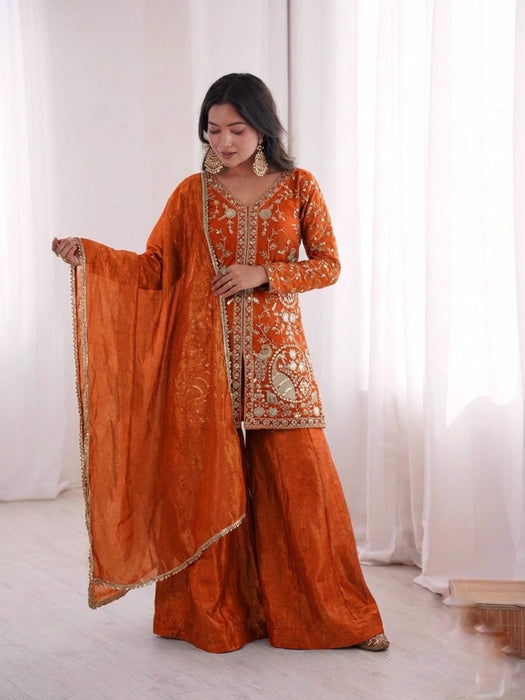Latest Designer Pur Heavy Fendy Silk Top Plazzo & Dupatta Set