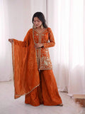 Latest Designer Pur Heavy Fendy Silk Top Plazzo & Dupatta Set
