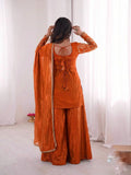 Latest Designer Pur Heavy Fendy Silk Top Plazzo & Dupatta Set