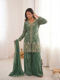 Latest Designer Pur Heavy Fendy Silk Top Plazzo & Dupatta Set