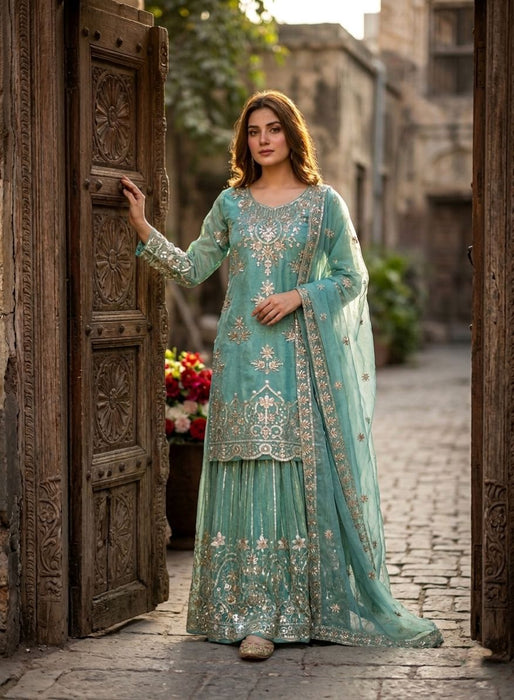 Latest Designer Trending Orgenza Twine Net Top Sarara And Dupatta Set