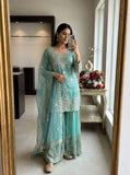 Latest Designer Trending Orgenza Twine Net Top Sarara And Dupatta Set