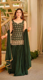 Designer Party Wear Heavy Blooming Faux Georgette Top Sharara And Dupatta Set