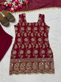 Designer Party Wear Heavy Blooming Faux Georgette Top Sharara And Dupatta Set