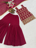 Designer Party Wear Heavy Blooming Faux Georgette Top Sharara And Dupatta Set