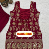Designer Party Wear Heavy Blooming Faux Georgette Top Sharara And Dupatta Set