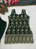 Designer Party Wear Heavy Blooming Faux Georgette Top Sharara And Dupatta Set
