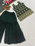 Designer Party Wear Heavy Blooming Faux Georgette Top Sharara And Dupatta Set