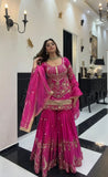 Designer Heavy Sindoor Silk Party Wear Top  Sharara and Dupatta Set