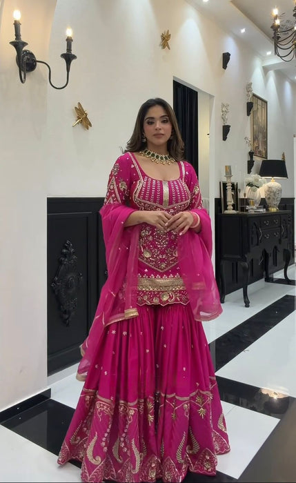 Designer Heavy Sindoor Silk Party Wear Top  Sharara and Dupatta Set