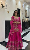 Designer Heavy Sindoor Silk Party Wear Top  Sharara and Dupatta Set