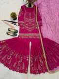 Designer Heavy Sindoor Silk Party Wear Top  Sharara and Dupatta Set