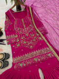 Designer Heavy Sindoor Silk Party Wear Top  Sharara and Dupatta Set