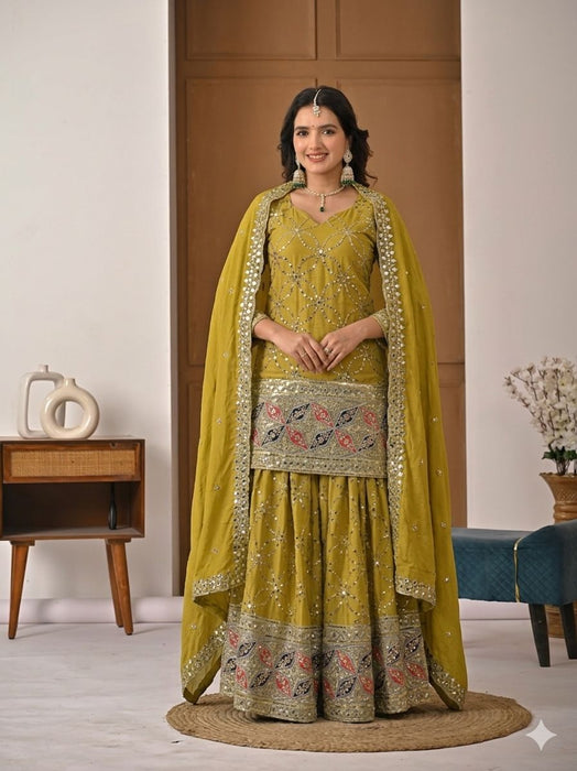 Latest Designer Heavy Chinnon Silk  Top Plazzo and Dupatta Set