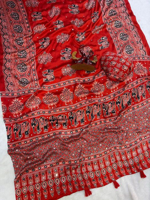 Heavy Japan Satin with Beautiful Ajarakh print with Real mirror work and Latkan Saree
