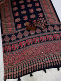 Heavy Japan Satin with Beautiful Ajarakh print with Real mirror work and Latkan Saree