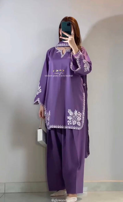 Party Wear Heavy Roman Cotton Farshi Salwar Suit With Embroidery Work