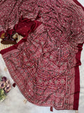 Soft crepe silk with Beautiful Ajarakh print with Zari and Real mirror work Saree