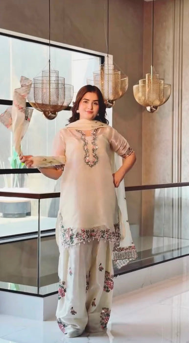 New Designer Party Wear Look Pure Fendi Silk Top & Farshi Palazzo With Dupatta set