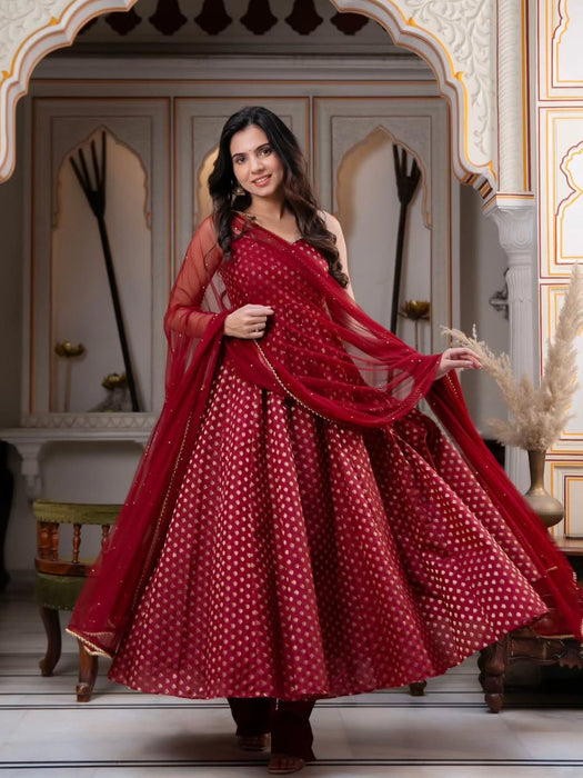 Latest Designer Anarkali Suit With Beautiful Chanderi Jacquard Butti Fabric