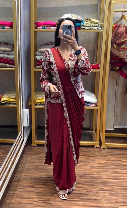 New Super Trending Embroidery Sequence work ready to wear saree with full koti