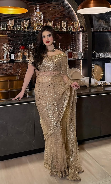 Designer Premium Butterfly Soft Net Real Mirror Work Saree