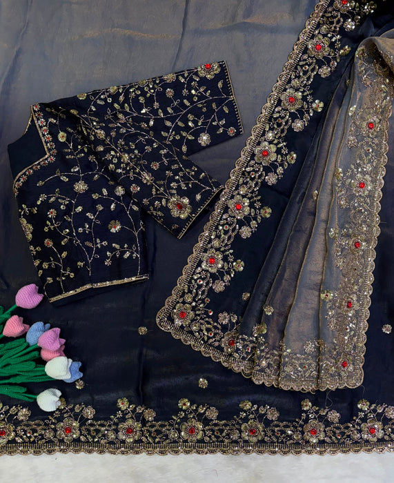 Fendy Satin in shaded fab with Beautiful Sequins and Diamond work Saree